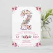 大2歳の誕生日の女の子フォトコラージュピンクの花 招待状 (スタンド正面)
