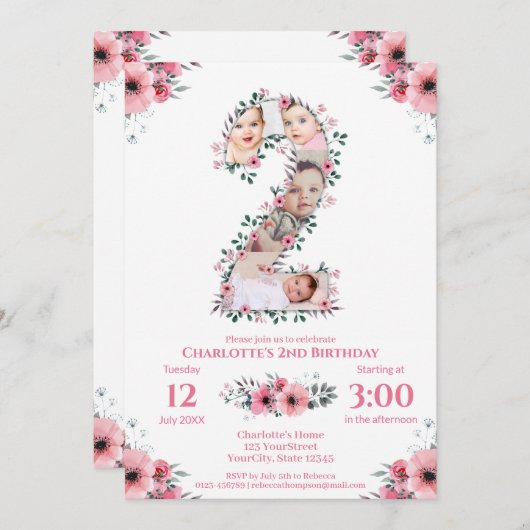 大2歳の誕生日の女の子フォトコラージュピンクの花 招待状 (正面/裏面)