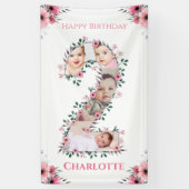 大2歳の誕生日の女の子フォトコラージュピンクの花 横断幕 (縦)