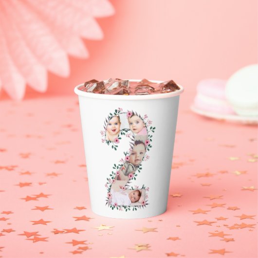 大2歳の誕生日の女の子フォトコラージュピンクの花 紙コップ (インサイチュ)