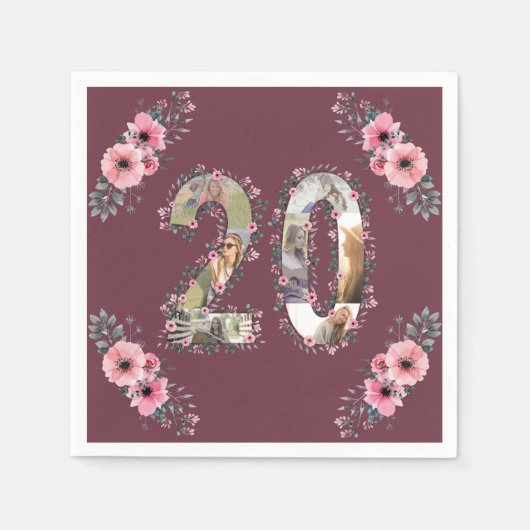 大20誕生日フォトコラージガールピンクの花 スタンダードカクテルナプキン (正面)