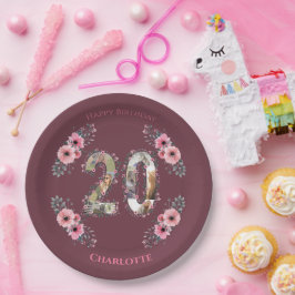 大20誕生日フォトコラージピンクフラワーガール ペーパープレート