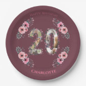 大20誕生日フォトコラージピンクフラワーガール ペーパープレート (正面)