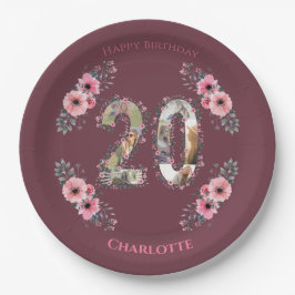 大20誕生日フォトコラージピンクフラワーガール ペーパープレート