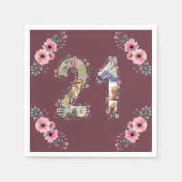 大21歳の誕生日フォトコラージピンクフラワーウーマン スタンダードカクテルナプキン