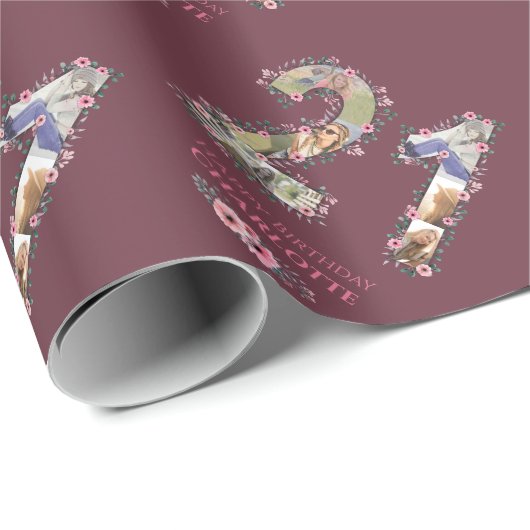 大21歳の誕生日フォトコラージピンクフラワーウーマン ラッピングペーパー (ロールコーナー)