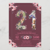 大21歳の誕生日フォトコラージピンクフラワーウーマン 招待状 (正面/裏面)