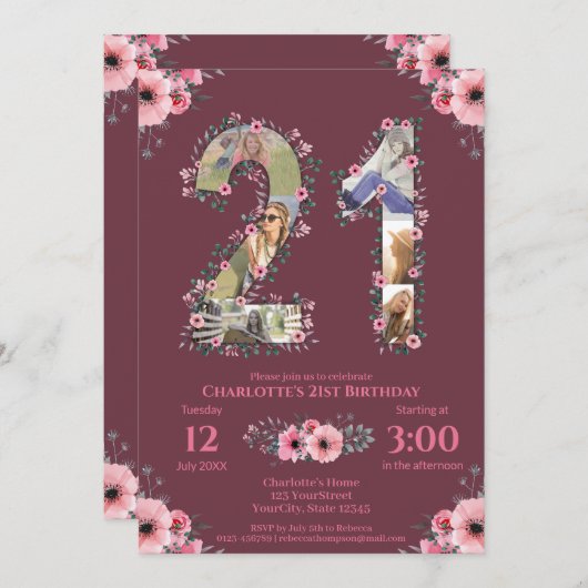 大21歳の誕生日フォトコラージピンクフラワーウーマン 招待状 (正面/裏面)