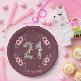 大21歳の誕生日フォトコラージピンクフラワーガール ペーパープレート