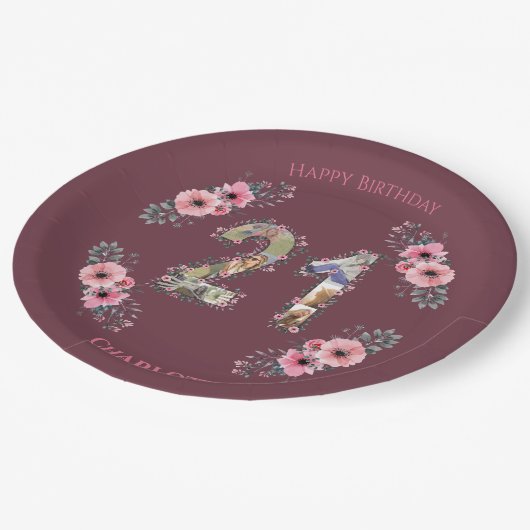 大21歳の誕生日フォトコラージピンクフラワーガール ペーパープレート (アングル)