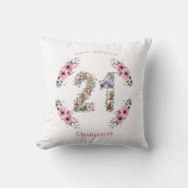 大21歳の誕生日フォトコラージピンクフラワーホワイト クッション