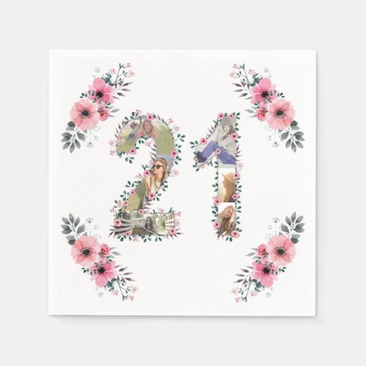 大21歳の誕生日フォトコラージピンクフラワーホワイト スタンダードカクテルナプキン (正面)