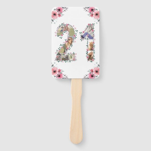 大21歳の誕生日フォトコラージピンクフラワーホワイト ハンドファン (正面)