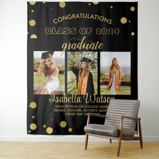 大3枚の写真卒業パーティーBlackGold Backdrop タペストリー (インサイチュ)