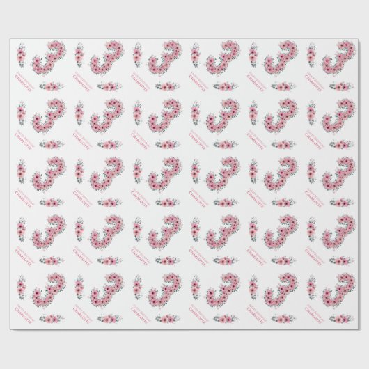 大3歳の誕生日に緑の葉の女の子ピンクの花 ラッピングペーパー (フラット)