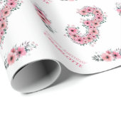 大3歳の誕生日に緑の葉の女の子ピンクの花 ラッピングペーパー (ロールコーナー)