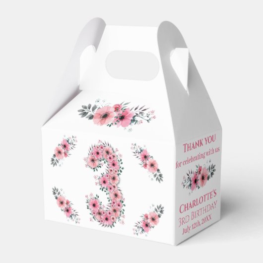 大3歳の誕生日ガール緑の葉ピンクの花 フェイバーボックス (正面サイド)