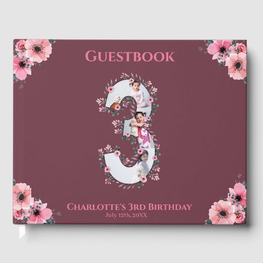 大3歳の誕生日フォトコラージフラワーガールピンク ゲストブック (正面)