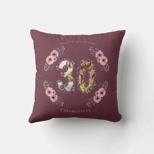 大30歳の誕生日フォトコラージピンクフラワーウーマン クッション (裏面)
