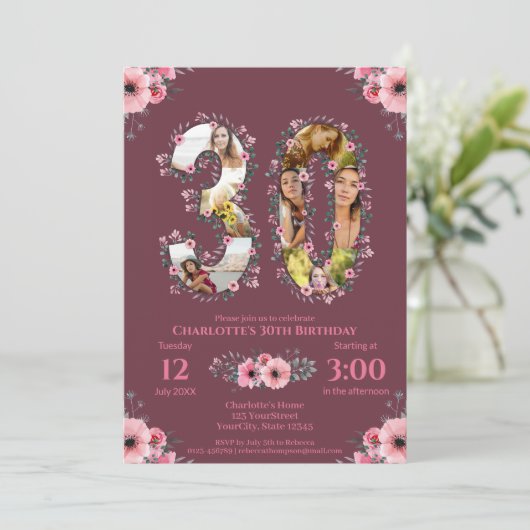 大30歳の誕生日フォトコラージピンクフラワーウーマン 招待状 (スタンド正面)