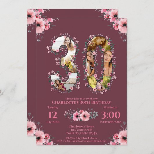 大30歳の誕生日フォトコラージピンクフラワーウーマン 招待状 (正面/裏面)