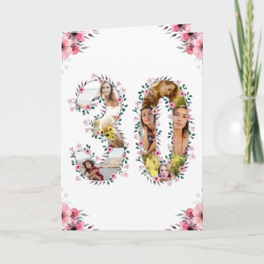 大30歳の誕生日フォトコラージピンクフラワーホワイト カード (正面)