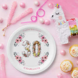 大30歳の誕生日フォトコラージピンクフラワーホワイト ペーパープレート