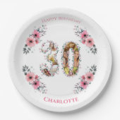 大30歳の誕生日フォトコラージピンクフラワーホワイト ペーパープレート (正面)