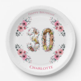 大30歳の誕生日フォトコラージピンクフラワーホワイト ペーパープレート