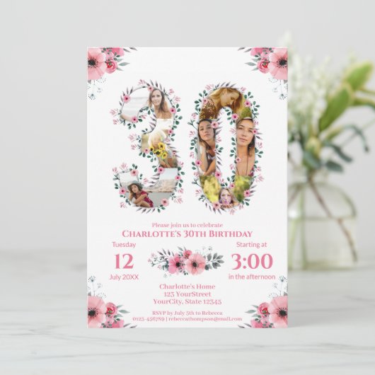 大30歳の誕生日フォトコラージピンクフラワーホワイト 招待状 (スタンド正面)