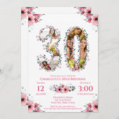 大30歳の誕生日フォトコラージピンクフラワーホワイト 招待状 (正面/裏面)