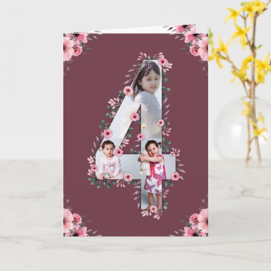 大4歳の誕生日の女の子フォトコラージュピンクの花 カード (黄色い花)