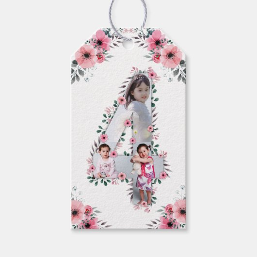 大4歳の誕生日の女の子フォトコラージュピンクの花 ギフトタグ (正面)