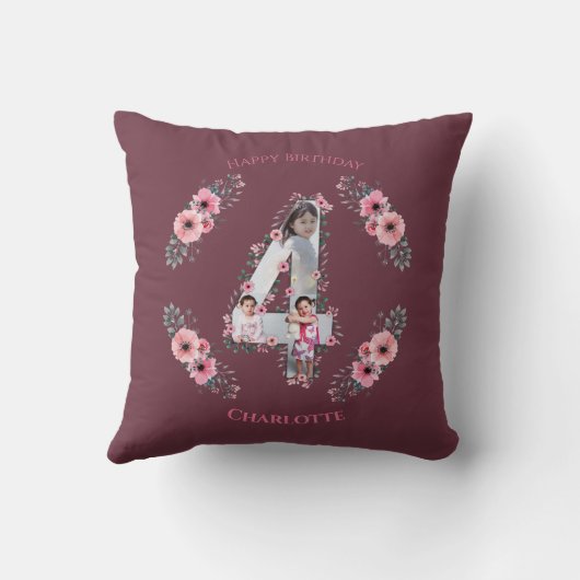 大4歳の誕生日の女の子フォトコラージュピンクの花 クッション (裏面)