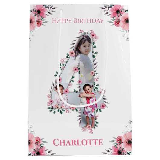 大4歳の誕生日の女の子フォトコラージュピンクの花 ミディアムペーパーバッグ (裏面)