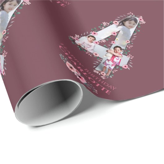 大4歳の誕生日の女の子フォトコラージュピンクの花 ラッピングペーパー (ロールコーナー)