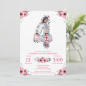 大4歳の誕生日の女の子フォトコラージュピンクの花 招待状 (スタンド正面)