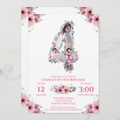 大4歳の誕生日の女の子フォトコラージュピンクの花 招待状 (正面/裏面)