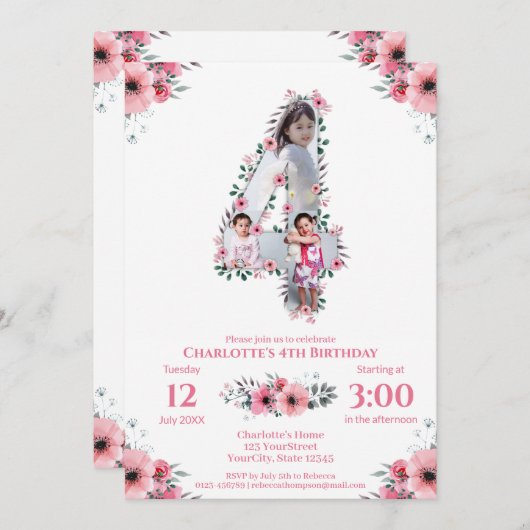 大4歳の誕生日の女の子フォトコラージュピンクの花 招待状 (正面/裏面)