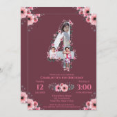 大4歳の誕生日の女の子フォトコラージュピンクの花 招待状 (正面/裏面)