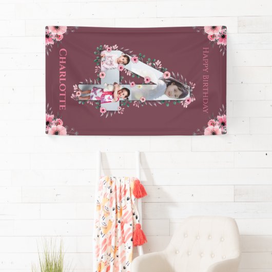 大4歳の誕生日の女の子フォトコラージュピンクの花 横断幕 (インサイチュ)