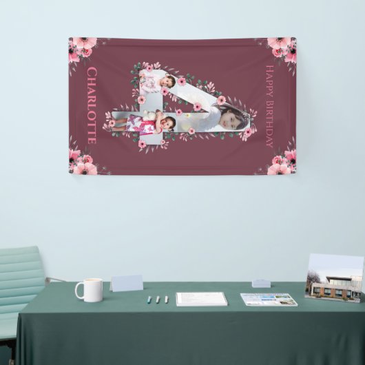 大4歳の誕生日の女の子フォトコラージュピンクの花 横断幕 (トレードショー)