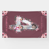 大4歳の誕生日の女の子フォトコラージュピンクの花 横断幕 (横)