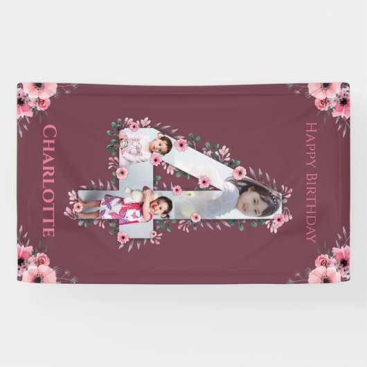 大4歳の誕生日の女の子フォトコラージュピンクの花 横断幕 (横)