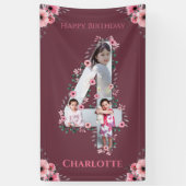 大4歳の誕生日の女の子フォトコラージュピンクの花 横断幕 (縦)