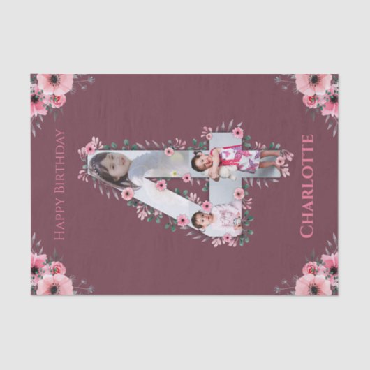 大4歳の誕生日の女の子フォトコラージュピンクの花 薄葉紙 (正面)