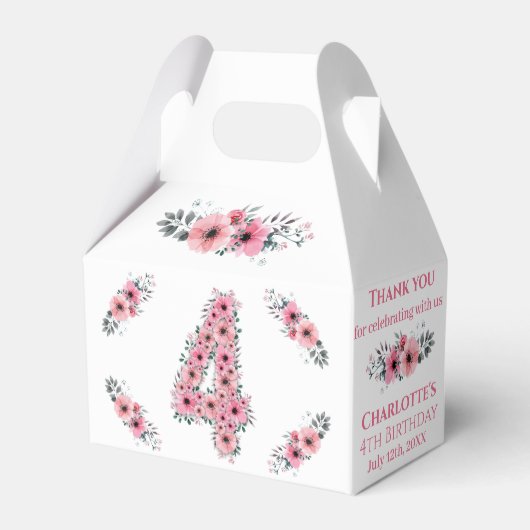 大4歳の誕生日ガール緑の葉ピンクの花 フェイバーボックス (正面サイド)