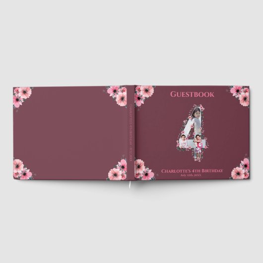 大4歳の誕生日フォトコラージフラワーガールピンク ゲストブック (全面)