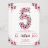 大5誕生日緑色葉少女ピンク色の花 招待状 (正面/裏面)