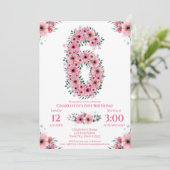 大6誕生日緑色葉少女ピンク色の花 招待状 (スタンド正面)